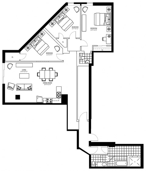 Floor plan for 3 beds, 1.5 baths